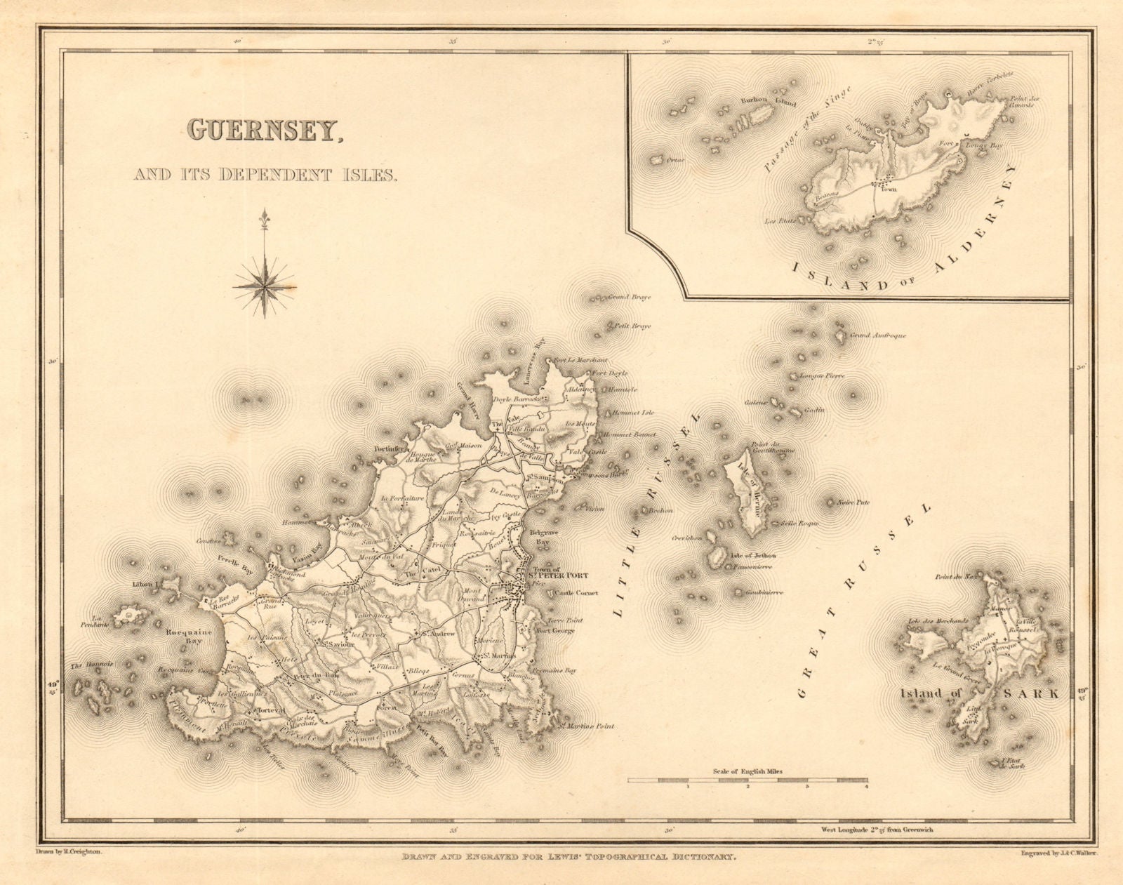 Antique map of GUERNSEY, SARK & ALDERNEY by Walker & Creighton for Lewis c1840